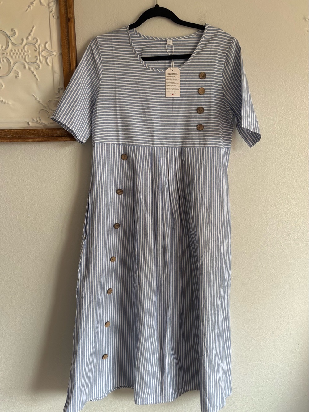 Women's Striped Short Sleeve Midi Dress Sz Medium, Looser Fit NWT Blue White
